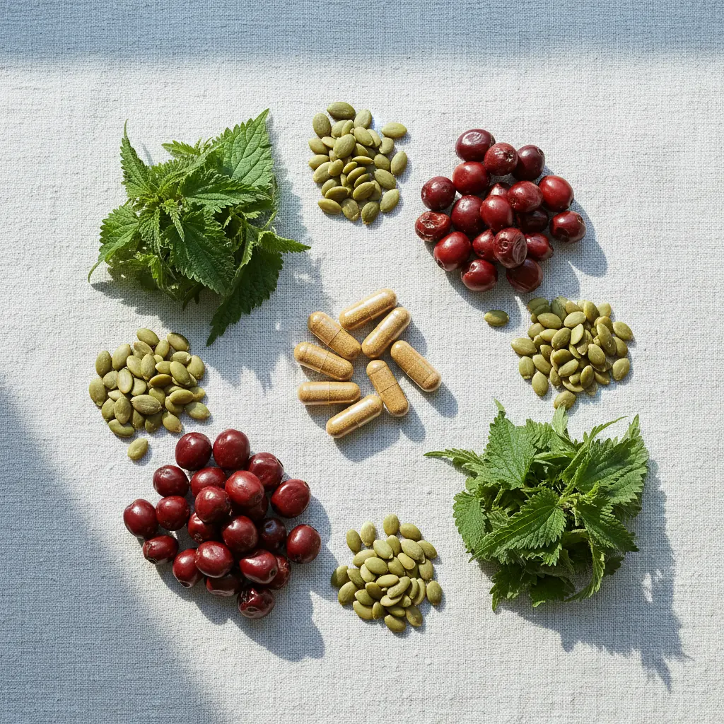 Pompoenzaden, saw palmettobes, brandnetelblad en amber capsules op linnen achtergrond - ingrediënten Alpha Drive
